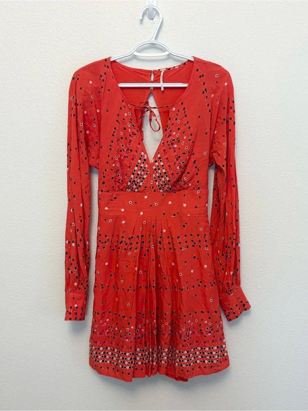 Free People Coryn Mini Dress Keyhole Low Back Pleated Red Combo Polka Dot Size 2